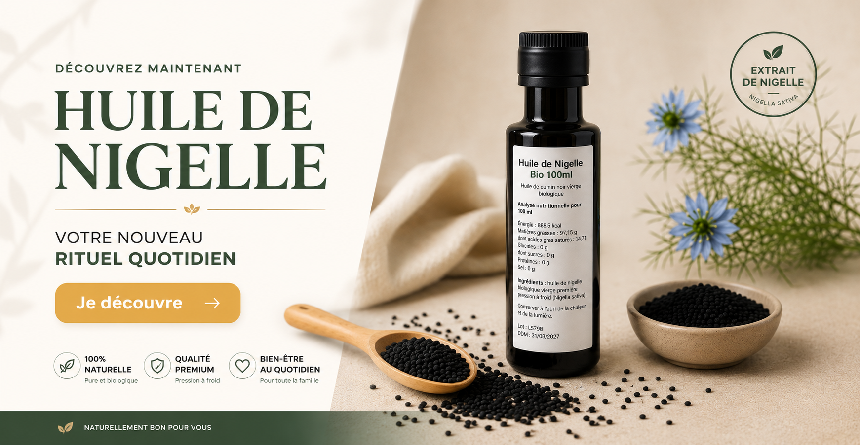 Huile de nigelle bio 100ml press&eacute;e &agrave; froid - Vegetopie